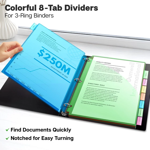 Alt view image 2 of 7 - 8-Tab Dividers Pocket for 3-Ring Binders, 3 Sets, 24 Count 8 Insertable Tabs, Pocket Divider Design, 3 Divider Sets, Fits Standard 3-Ring Binders, Assorted Colors