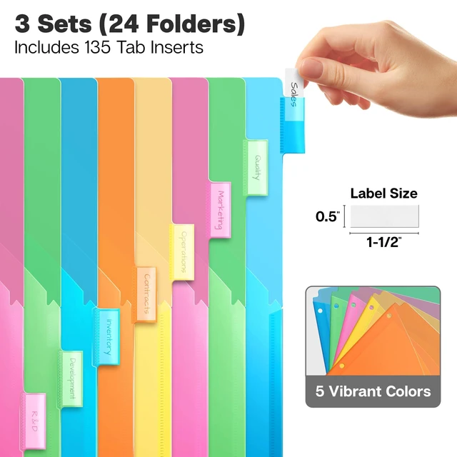 Alt view image 3 of 7 - 8-Tab Dividers Pocket for 3-Ring Binders, 3 Sets, 24 Count 8 Insertable Tabs, Pocket Divider Design, 3 Divider Sets, Fits Standard 3-Ring Binders, Assorted Colors