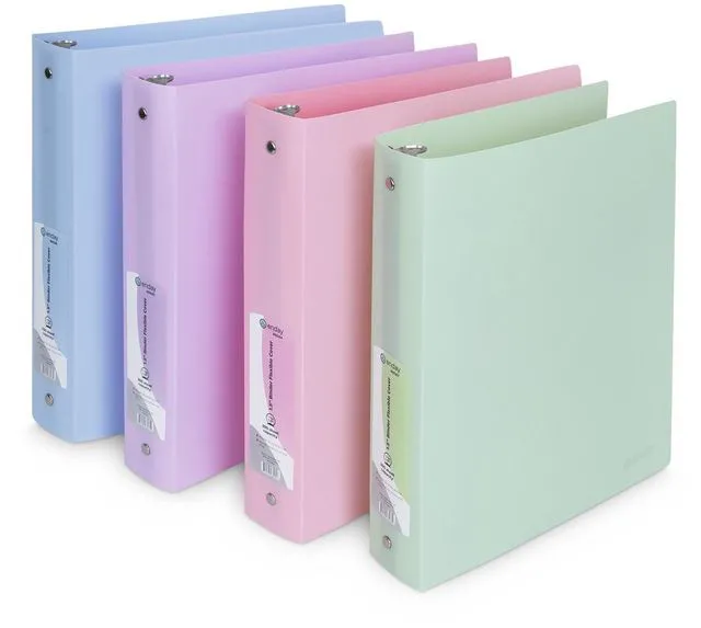 Main image of 3 Ring Binder 1 inch (4 Pack) Pastel Flexible Binders Round Ring with Pocket, Holds 175 Sheets, for Home and School Supplies in Blue, Purple, Pink and Green by