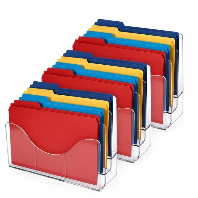 Main image of 250099-3PK Three Tier File and Brochure Desktop Wall Organizer Holder with Dividers brochure display stand acrylic file holder, Clear, 3-Pack