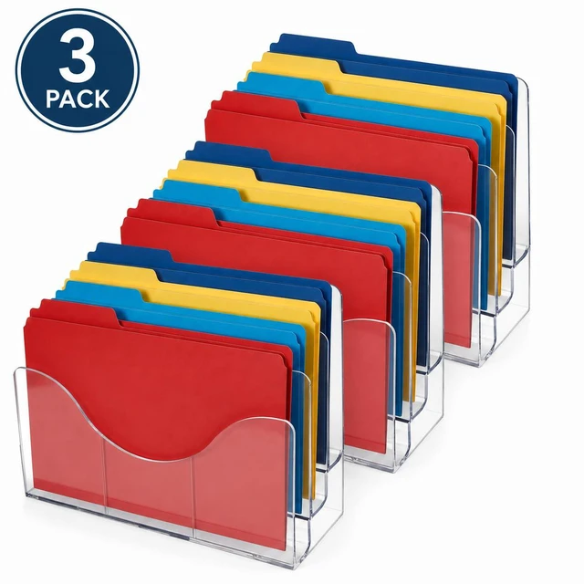 Alt view image 2 of 7 - 250099-3PK Three Tier File and Brochure Desktop Wall Organizer Holder with Dividers brochure display stand acrylic file holder, Clear, 3-Pack