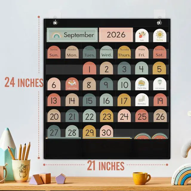 Alt view image 5 of 7 - Classroom Black Calendar Pocket Chart for Elementary with 130 Cards Neutral Boho Style, Teaching Tools Set, Back to School Supplies for Kindergarten Preschool Homeschool, Classroom Wall Decor