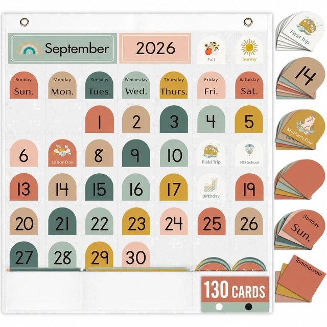 Main image of Classroom Monthly Calendar Pocket Chart for Kids Learning, 105 Cards Wall Boho Calendar and Weather, Teacher Supplies for Kindergarten Preschool Elementary Homeschool