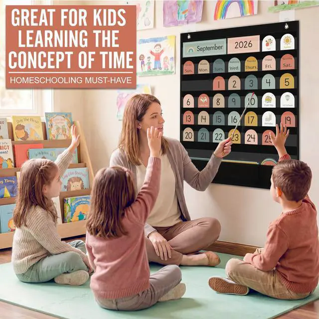 Alt view image 6 of 7 - Classroom Black Calendar Pocket Chart for Elementary with 130 Cards Neutral Boho Style, Teaching Tools Set, Back to School Supplies for Kindergarten Preschool Homeschool, Classroom Wall Decor