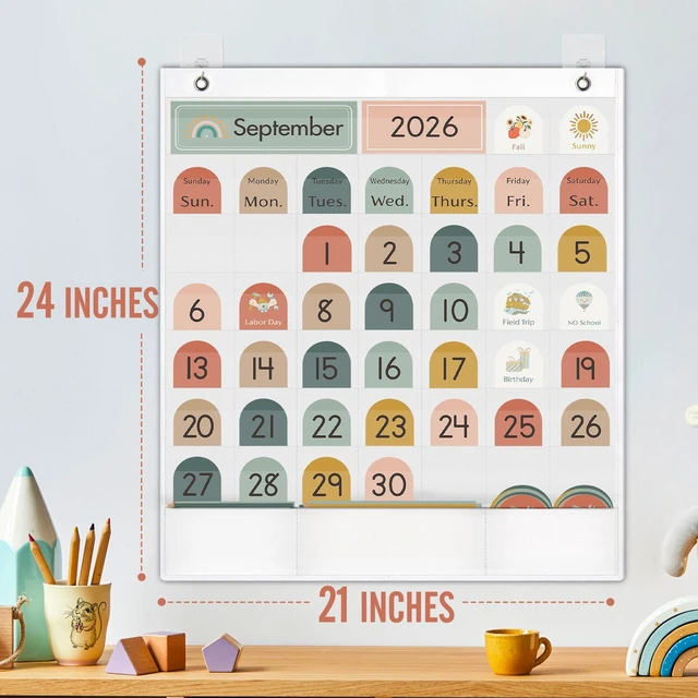 Alt view image 6 of 7 - Classroom Monthly Calendar Pocket Chart for Kids Learning, 105 Cards Wall Boho Calendar and Weather, Teacher Supplies for Kindergarten Preschool Elementary Homeschool