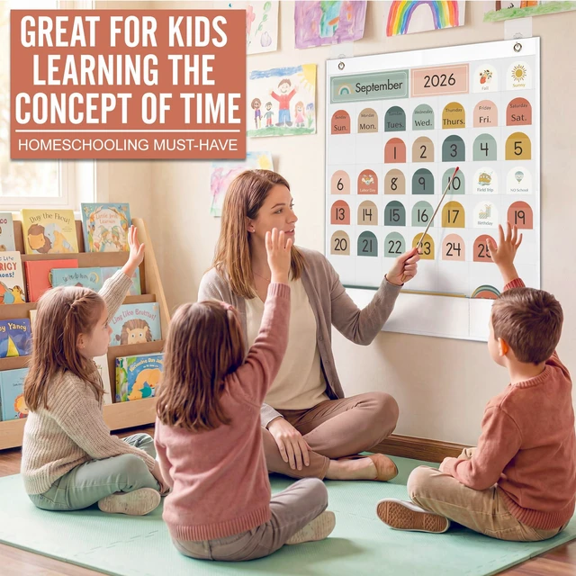 Alt view image 7 of 7 - Classroom Monthly Calendar Pocket Chart for Kids Learning, 105 Cards Wall Boho Calendar and Weather, Teacher Supplies for Kindergarten Preschool Elementary Homeschool