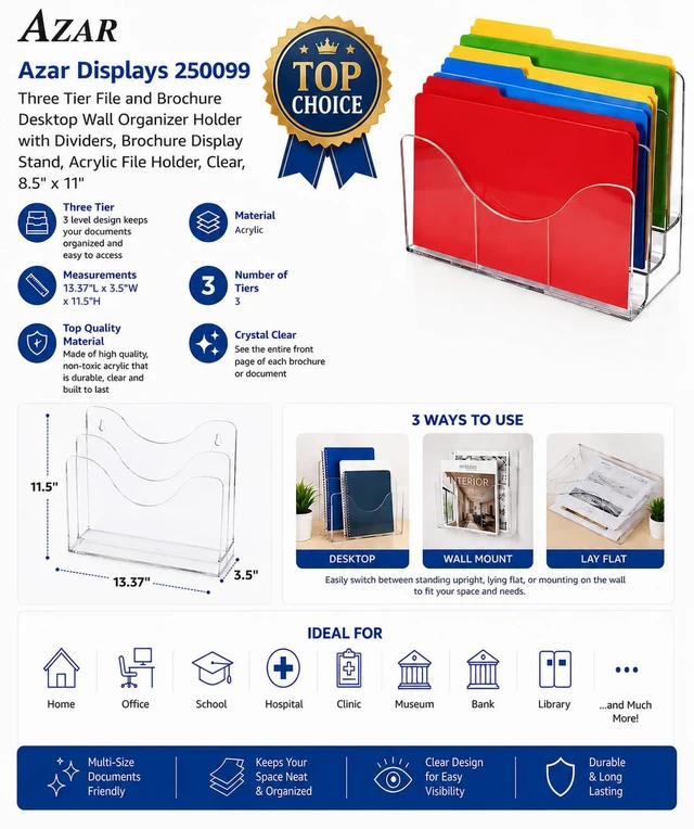 Alt view image 4 of 7 - 250099-3PK Three Tier File and Brochure Desktop Wall Organizer Holder with Dividers brochure display stand acrylic file holder, Clear, 3-Pack