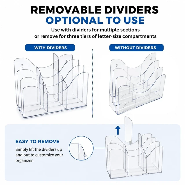 Alt view image 5 of 7 - 250099-3PK Three Tier File and Brochure Desktop Wall Organizer Holder with Dividers brochure display stand acrylic file holder, Clear, 3-Pack