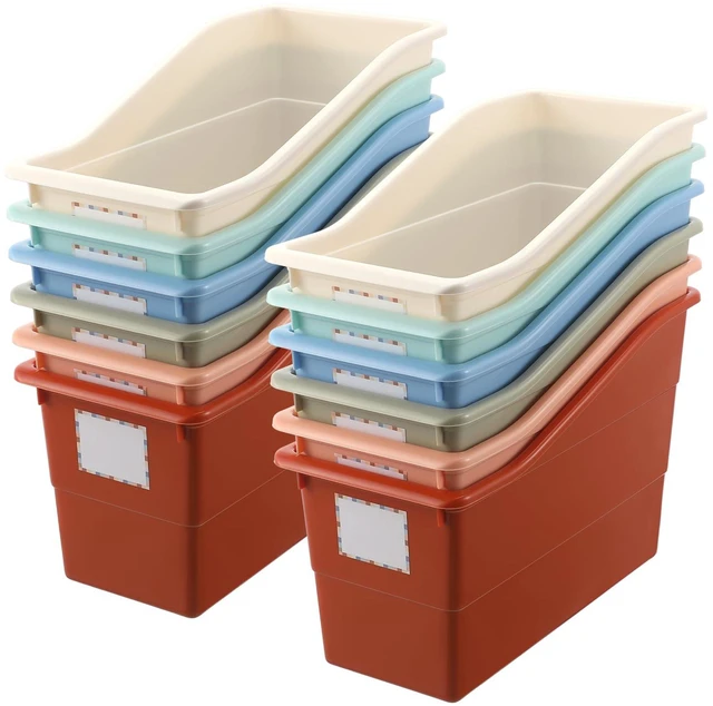 Main image of 12 Pcs Interlocking Plastic Book Bins Bulk, Boho Classroom Organizers with Labels, Magazine File Holder Boho for Teacher Supplies Library Office Home Storage Container