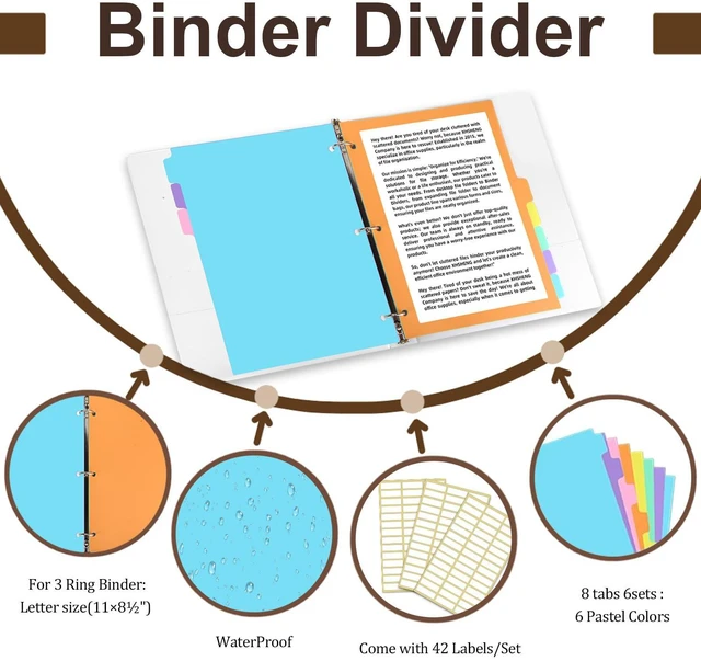 Alt view image 3 of 7 - 8-tabs 6 Set Binder Dividers with Tabs,Plastic Index with Label,Colorful Dividers for 3 Ring Binder (48)