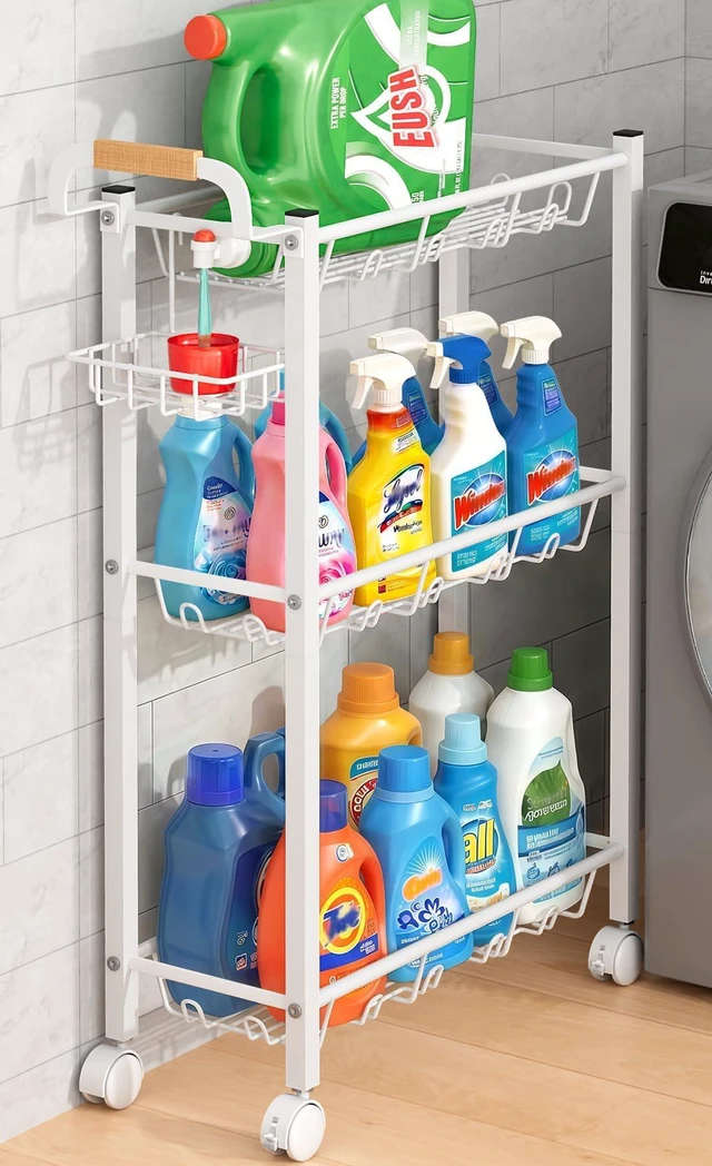 Main image of Laundry Room Cart with Top Detergent Holder, Metal Rolling Storage Cart Between Washer and Dryer, 3 Tier Narrow Laundry Room Organization and Storage with Wheels (White)