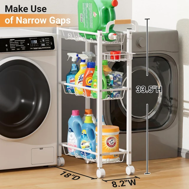 Alt view image 2 of 7 - Laundry Room Cart with Top Detergent Holder, Metal Rolling Storage Cart Between Washer and Dryer, 3 Tier Narrow Laundry Room Organization and Storage with Wheels (White)