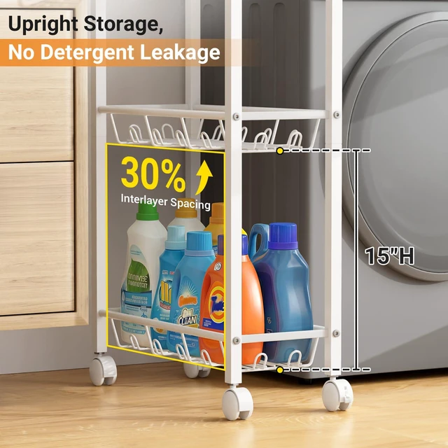 Alt view image 4 of 7 - Laundry Room Cart with Top Detergent Holder, Metal Rolling Storage Cart Between Washer and Dryer, 3 Tier Narrow Laundry Room Organization and Storage with Wheels (White)