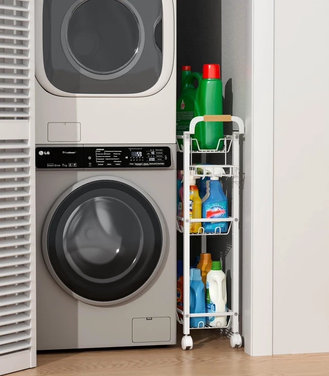 Alt view image 5 of 7 - Laundry Room Cart with Top Detergent Holder, Metal Rolling Storage Cart Between Washer and Dryer, 3 Tier Narrow Laundry Room Organization and Storage with Wheels (White)