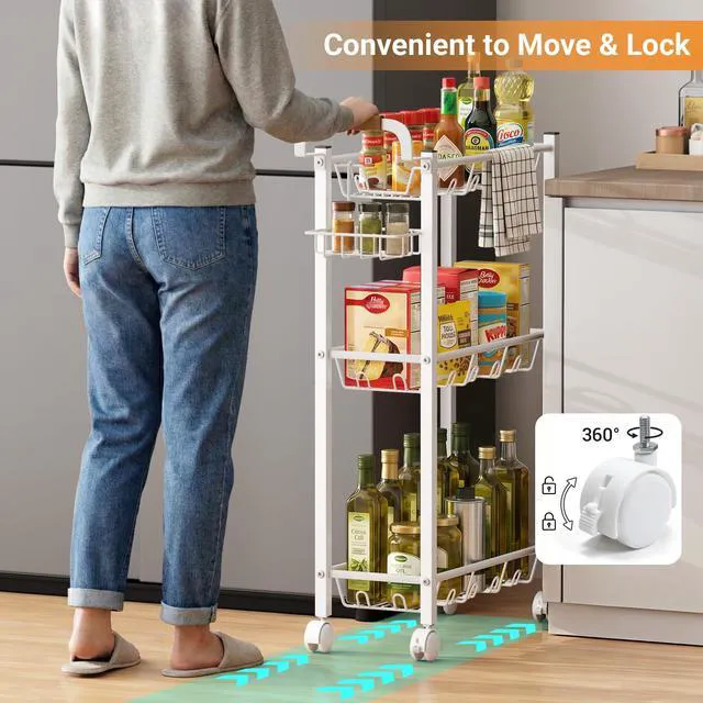 Alt view image 6 of 7 - Laundry Room Cart with Top Detergent Holder, Metal Rolling Storage Cart Between Washer and Dryer, 3 Tier Narrow Laundry Room Organization and Storage with Wheels (White)