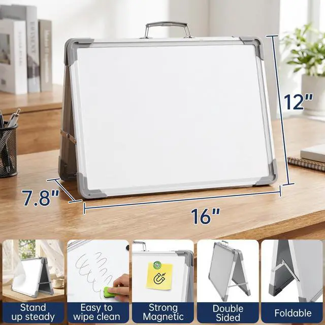 Alt view image 2 of 7 - Small Dry Erase White Board - 12" x 16" Mini Easel Desktop Double Sided Whiteboard, Portable Magnetic Board on Table Top with Holder for Drawing, Teacher Instruction, Memo Board
