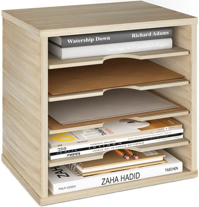 Main image of 5-Tier File Organizer for Desk, Mail Sorter, Office Desk Organization, Paper Storage Organizers, Folder holder for desk, Letter Trays & Stacking Supports, Brushed Wood