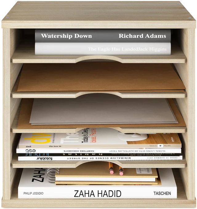 Alt view image 2 of 7 - 5-Tier File Organizer for Desk, Mail Sorter, Office Desk Organization, Paper Storage Organizers, Folder holder for desk, Letter Trays & Stacking Supports, Brushed Wood