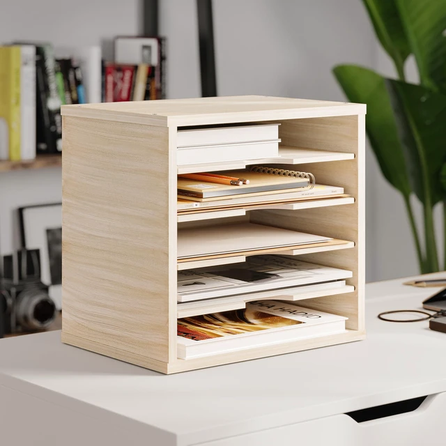 Alt view image 4 of 7 - 5-Tier File Organizer for Desk, Mail Sorter, Office Desk Organization, Paper Storage Organizers, Folder holder for desk, Letter Trays & Stacking Supports, Brushed Wood