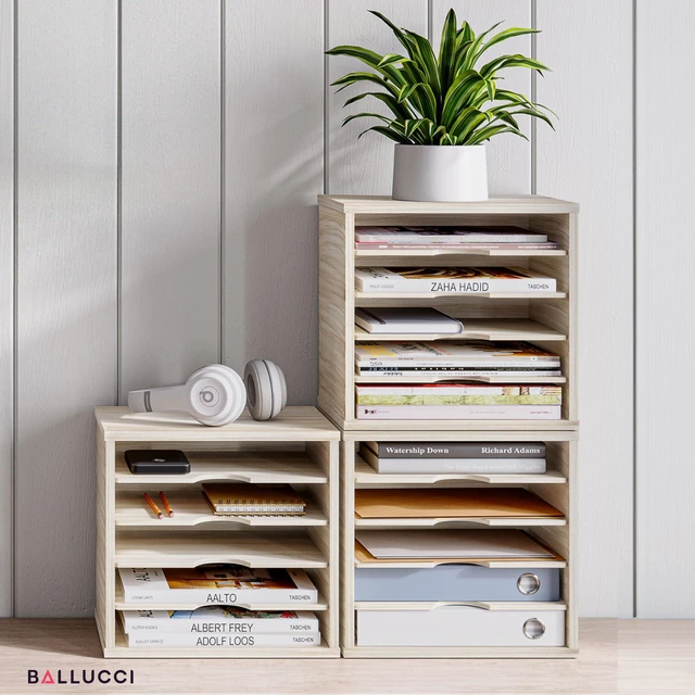 Alt view image 6 of 7 - 5-Tier File Organizer for Desk, Mail Sorter, Office Desk Organization, Paper Storage Organizers, Folder holder for desk, Letter Trays & Stacking Supports, Brushed Wood
