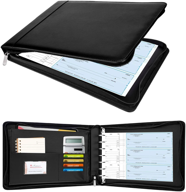 Main image of Zippered 7 Ring Business Checkbook Binder Portfolio for 3-on-a-Page Business Checks, 600 Checks Capacity, PU Leather Check Book Binder Cover for 9x13 Sheets, Built-in Storage Organizer, Black