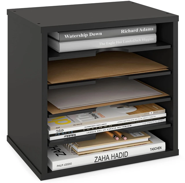 Main image of 5-Tier File Organizer for Desk, Wooden Mail Sorter, Office Desk Organization, Paper Storage Organizers, Folder holder for desk, Letter Trays & Stacking Supports, Adjustable Shelves, Black