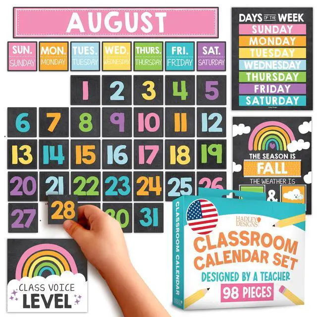 Main image of Classroom Calendar Set -School Calendar Bulletin Board Decor Kids Class Calendar for Black Classroom Decor, Kindergarten Preschool Teacher Must Haves, Homeschool & Daycare Essentials
