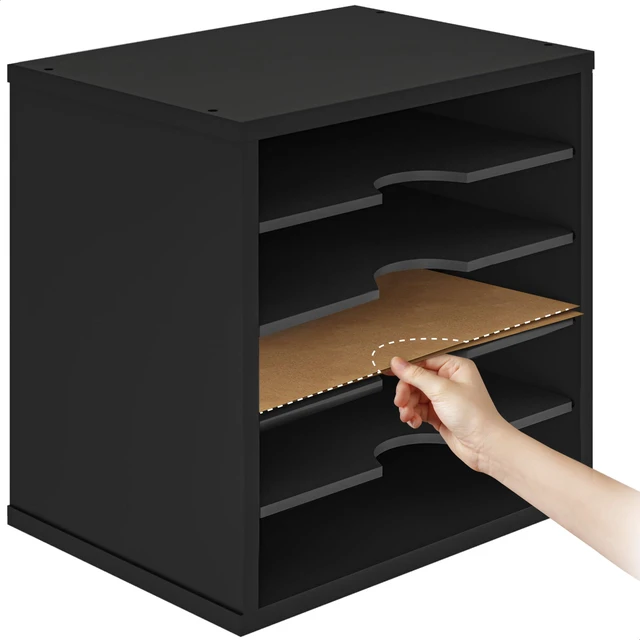 Alt view image 6 of 7 - 5-Tier File Organizer for Desk, Wooden Mail Sorter, Office Desk Organization, Paper Storage Organizers, Folder holder for desk, Letter Trays & Stacking Supports, Adjustable Shelves, Black