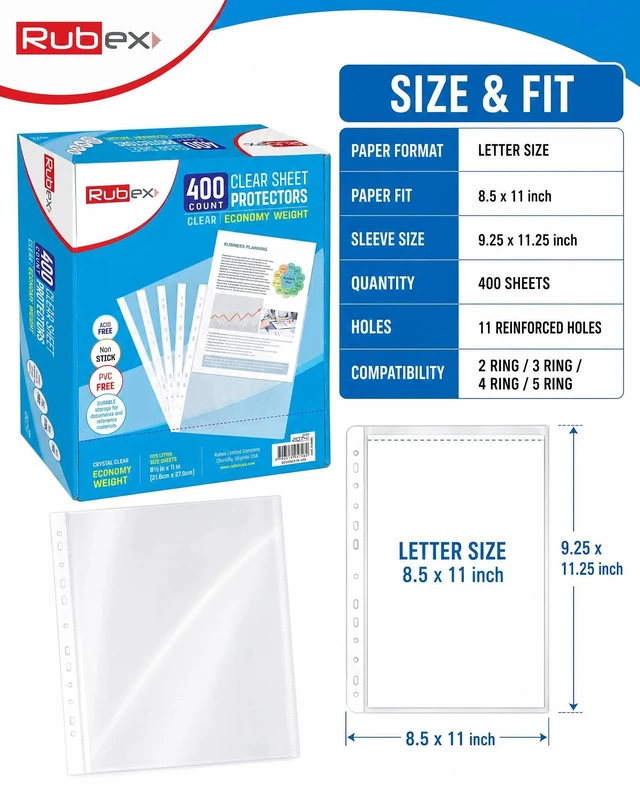 Alt view image 4 of 7 - 400 Pack Clear Sheet Protectors 8.5 x 11 for 3 Ring Binder Plastic Page Protectors, Top Loading, 11 Reinforced Holes, Acid Free Polypropylene, Letter Size Document Sleeves, Non-Glare