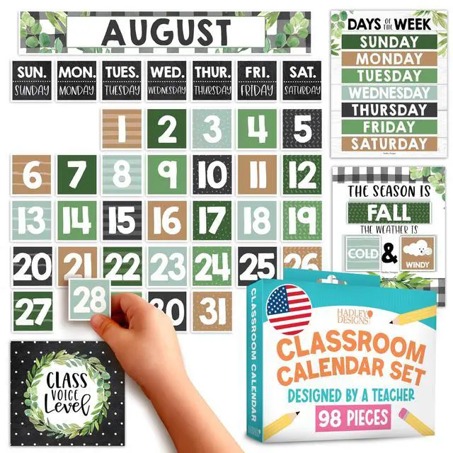 Main image of Classroom Calendar Set -School Calendar Bulletin Board Decor Kids Class Calendar for Greenery Classroom Decor, Kindergarten Preschool Teacher Must Haves, Homeschool & Daycare Essentials