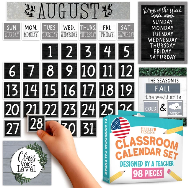 Main image of Classroom Calendar Set -School Calendar Bulletin Board Decor Kids Class Calendar for Black Classroom Decor, Kindergarten Preschool Teacher Must Haves, Homeschool & Daycare Essentials