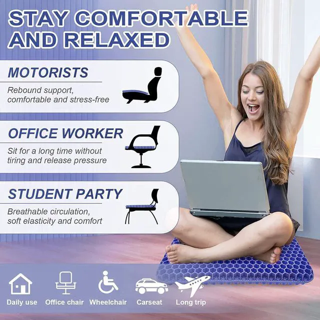 Alt view image 3 of 7 - Gel Seat Cushion for Long Sitting, Super Large Gel Cushion Chair Pads with Non-Slip Cover for Home Office Car Seat Wheelchair, Soft Breathable Honeycomb Pressure Relief Cushion for Tailbone & Hip Pain