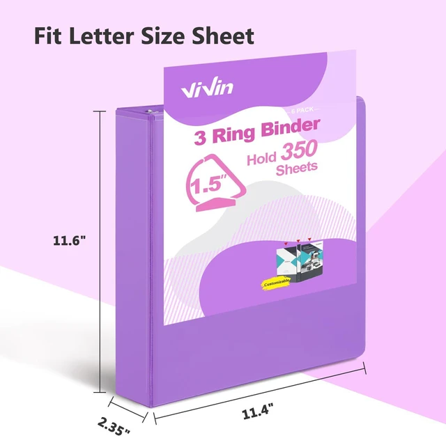 Alt view image 2 of 7 - Sturdy 1.5 Inch 3 Ring Binder with 2 Pockets, 6 Pack, Purple Slant-D Ring Binder, PVC-Free, Customizable Clear View Binder,Holds 350 Sheets of 8.5" x 11" Paper for Office, Home, School