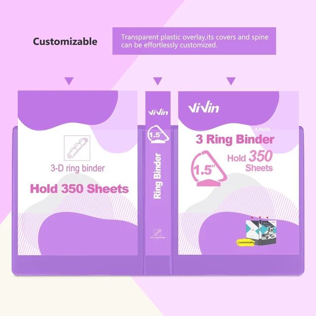 Alt view image 5 of 7 - Sturdy 1.5 Inch 3 Ring Binder with 2 Pockets, 6 Pack, Purple Slant-D Ring Binder, PVC-Free, Customizable Clear View Binder,Holds 350 Sheets of 8.5" x 11" Paper for Office, Home, School