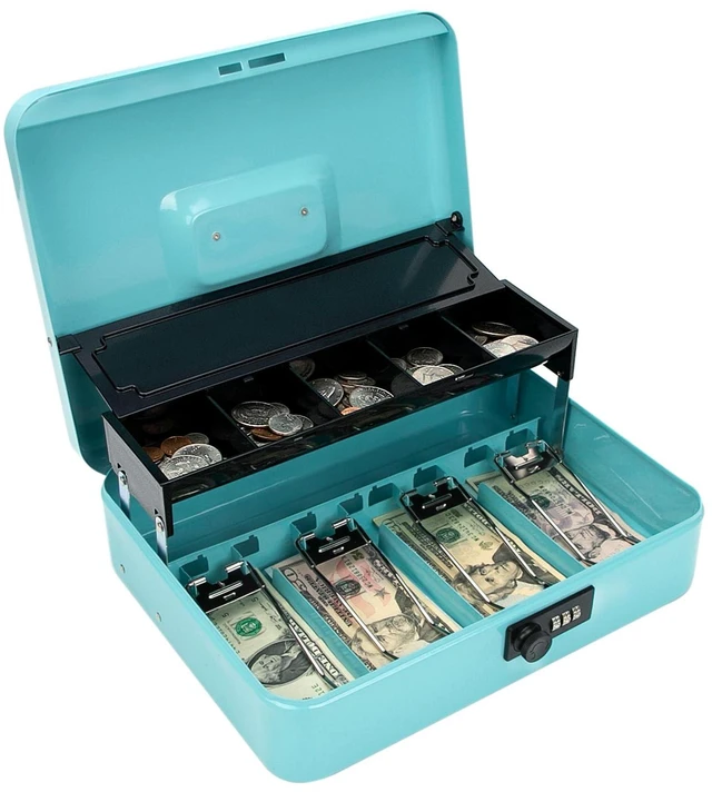 Main image of Cash Box with Combination Lock & Auto-Pop Coin Tray Secure Steel Money Box with 4 Upgraded Finger-Safe Bill Clips, Premium Smooth Scratch-Resistant Coating, 11.8", Combo Teal