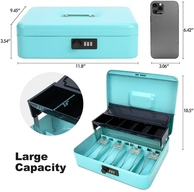 Alt view image 3 of 6 - Cash Box with Combination Lock & Auto-Pop Coin Tray Secure Steel Money Box with 4 Upgraded Finger-Safe Bill Clips, Premium Smooth Scratch-Resistant Coating, 11.8", Combo Teal