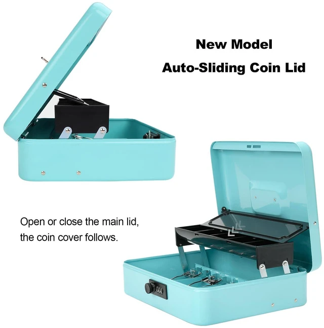 Alt view image 2 of 6 - Cash Box with Combination Lock & Auto-Pop Coin Tray Secure Steel Money Box with 4 Upgraded Finger-Safe Bill Clips, Premium Smooth Scratch-Resistant Coating, 11.8", Combo Teal