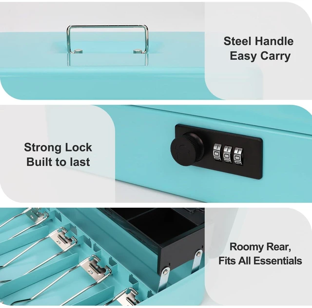 Alt view image 5 of 6 - Cash Box with Combination Lock & Auto-Pop Coin Tray Secure Steel Money Box with 4 Upgraded Finger-Safe Bill Clips, Premium Smooth Scratch-Resistant Coating, 11.8", Combo Teal