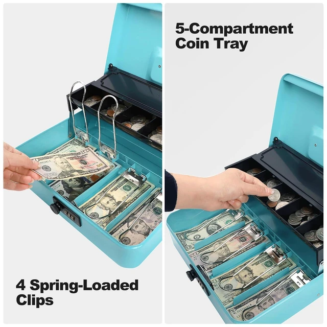 Alt view image 6 of 6 - Cash Box with Combination Lock & Auto-Pop Coin Tray Secure Steel Money Box with 4 Upgraded Finger-Safe Bill Clips, Premium Smooth Scratch-Resistant Coating, 11.8", Combo Teal