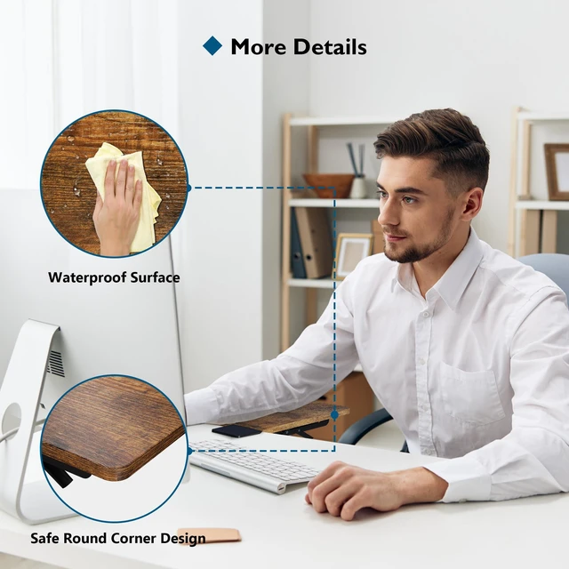 Alt view image 4 of 7 - Ergonomic Desk Extender Tray, 9.5"x9.1" Table Mount Arm Wrist Rest Shelf, 90° Foldable Elbow Support, Clamp on Computer Arm Rest for Desk, Office & Home Use, Durable & Easy to Install