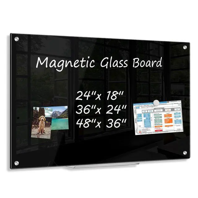 Main image of 24 x 18 Black Dry Erase Board Magnetic Tempered Glass Whiteboard (2 x 1.5) Wall Mounted Frameless Dry Erase Black Glass Board with Acrylic Pen tray, Magnets for Office, Home