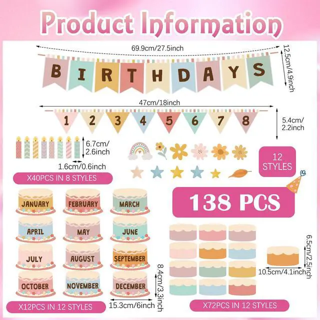 Alt view image 2 of 6 - 127 Pcs Boho Birthday Classroom Bulletin Board Decorations Set Back to School Calendar Decor, Happy Birthday Banner with Monthly Cakes Cutouts, Chalkboard Wall Display for Teachers