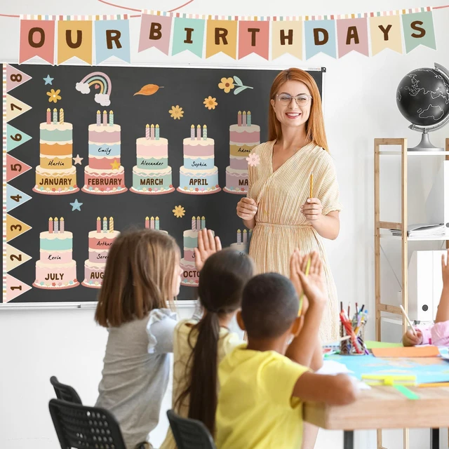 Alt view image 5 of 6 - 127 Pcs Boho Birthday Classroom Bulletin Board Decorations Set Back to School Calendar Decor, Happy Birthday Banner with Monthly Cakes Cutouts, Chalkboard Wall Display for Teachers