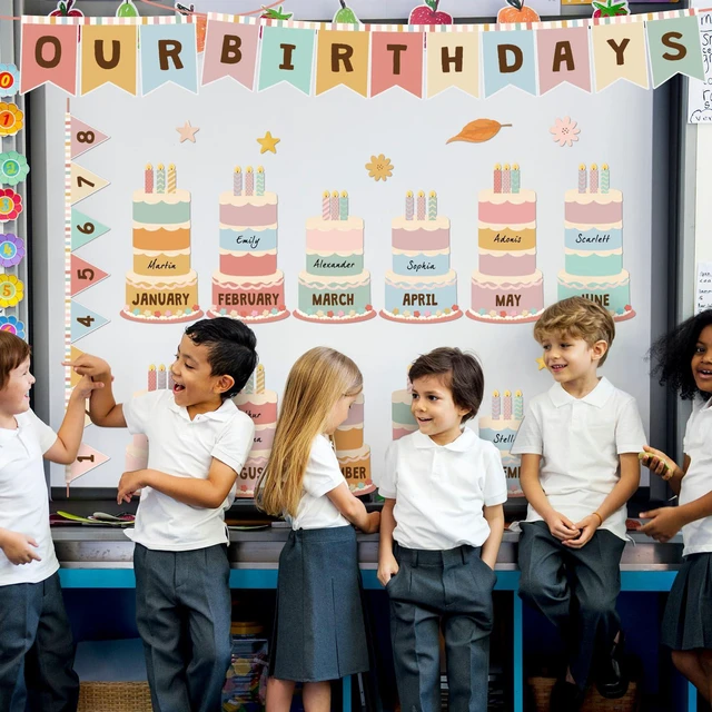 Alt view image 6 of 6 - 127 Pcs Boho Birthday Classroom Bulletin Board Decorations Set Back to School Calendar Decor, Happy Birthday Banner with Monthly Cakes Cutouts, Chalkboard Wall Display for Teachers