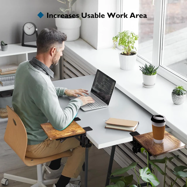 Alt view image 6 of 7 - Ergonomic Desk Extender Tray, 9.5"x9.1" Table Mount Arm Wrist Rest Shelf, 90° Foldable Elbow Support, Clamp on Computer Arm Rest for Desk, Office & Home Use, Durable & Easy to Install