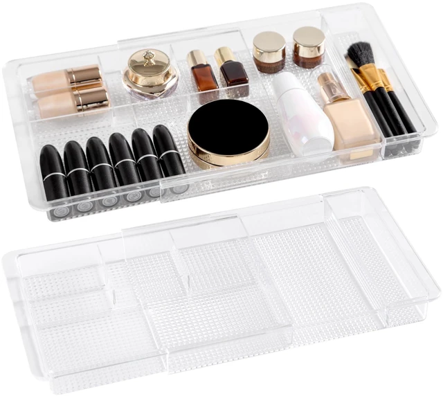 Main image of Expandable Shallow Vanity Plastic Makeup Drawer Organizers, 2 Pack Low Profile 1.3 Inch Height Clear Storage Tray - Scalable Width Customization Fits Cosmetic Lipsticks Brushes, Dressing Table
