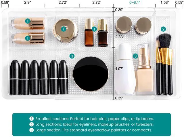 Alt view image 4 of 7 - Expandable Shallow Vanity Plastic Makeup Drawer Organizers, 2 Pack Low Profile 1.3 Inch Height Clear Storage Tray - Scalable Width Customization Fits Cosmetic Lipsticks Brushes, Dressing Table