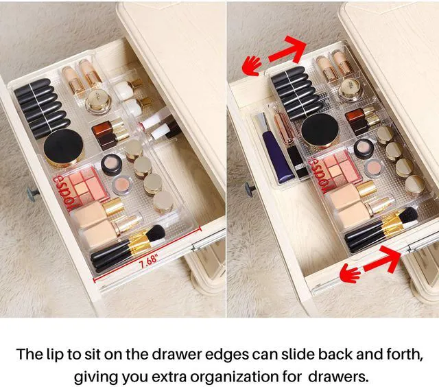 Alt view image 3 of 7 - Expandable Shallow Vanity Plastic Makeup Drawer Organizers, 2 Pack Low Profile 1.3 Inch Height Clear Storage Tray - Scalable Width Customization Fits Cosmetic Lipsticks Brushes, Dressing Table