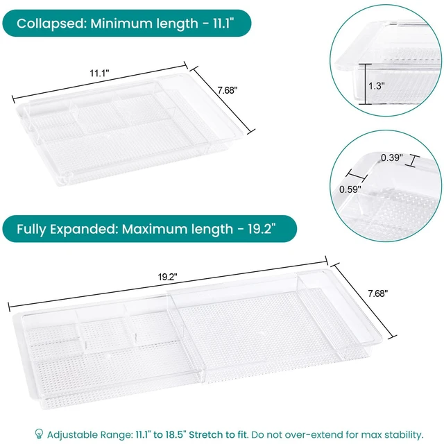 Alt view image 2 of 7 - Expandable Shallow Vanity Plastic Makeup Drawer Organizers, 2 Pack Low Profile 1.3 Inch Height Clear Storage Tray - Scalable Width Customization Fits Cosmetic Lipsticks Brushes, Dressing Table