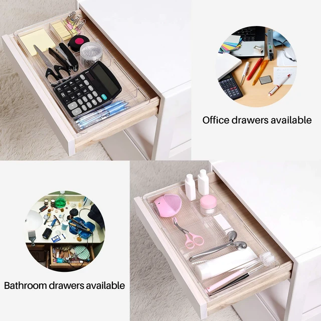 Alt view image 5 of 7 - Expandable Shallow Vanity Plastic Makeup Drawer Organizers, 2 Pack Low Profile 1.3 Inch Height Clear Storage Tray - Scalable Width Customization Fits Cosmetic Lipsticks Brushes, Dressing Table